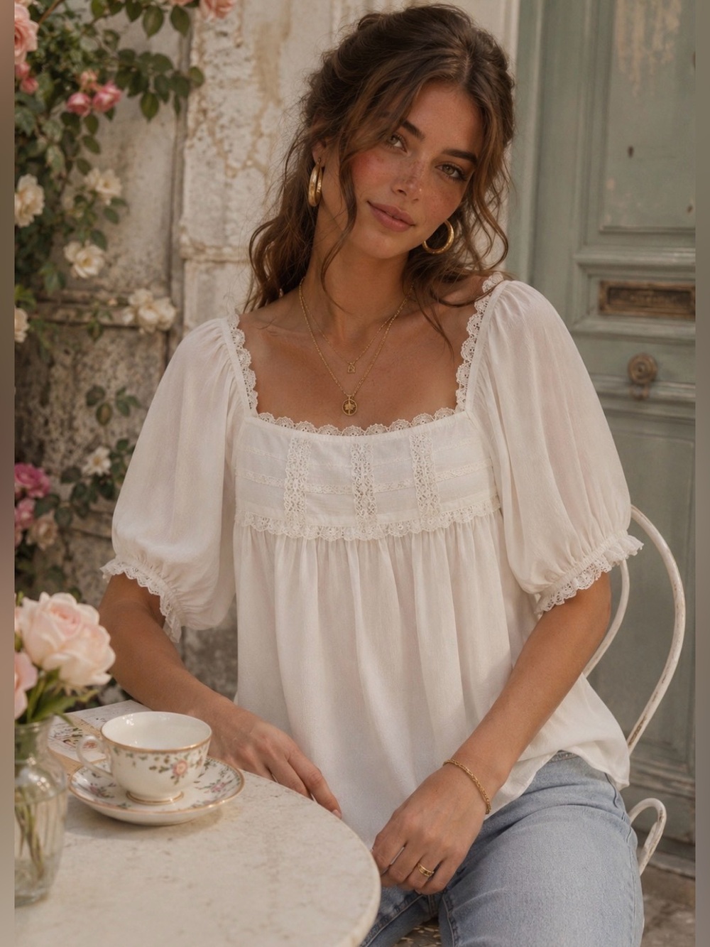 Solitaire White Cottagecore Peasant Blouse Lace Puff Sleeve Boho Romantic Top L